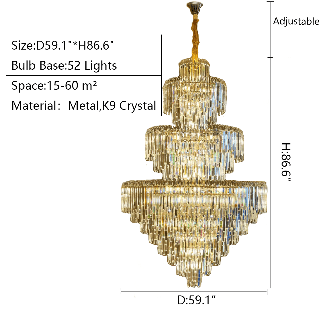 3 Layers Extra Large Living Room Chandelier Luxury Foyer Entryway Crystal Light Fixture - D59.1"*H86.6"/ 52 LightsBlushlighting