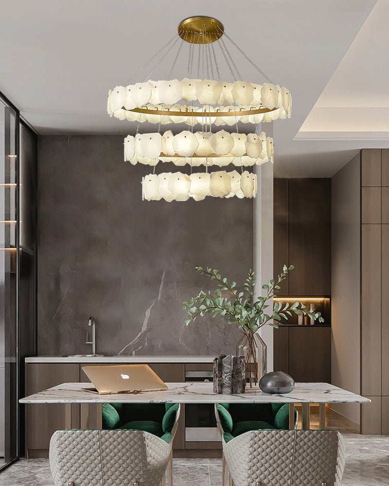 3 - tiered stairwell chandeliers | irregular alabaster plate in disk ceiling with long cord - D23.6" + D31.5"White + BrassBlushlighting