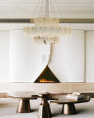 3 - tiered stairwell chandeliers | irregular alabaster plate in disk ceiling with long cord - D23.6" + D31.5"White + BrassBlushlighting