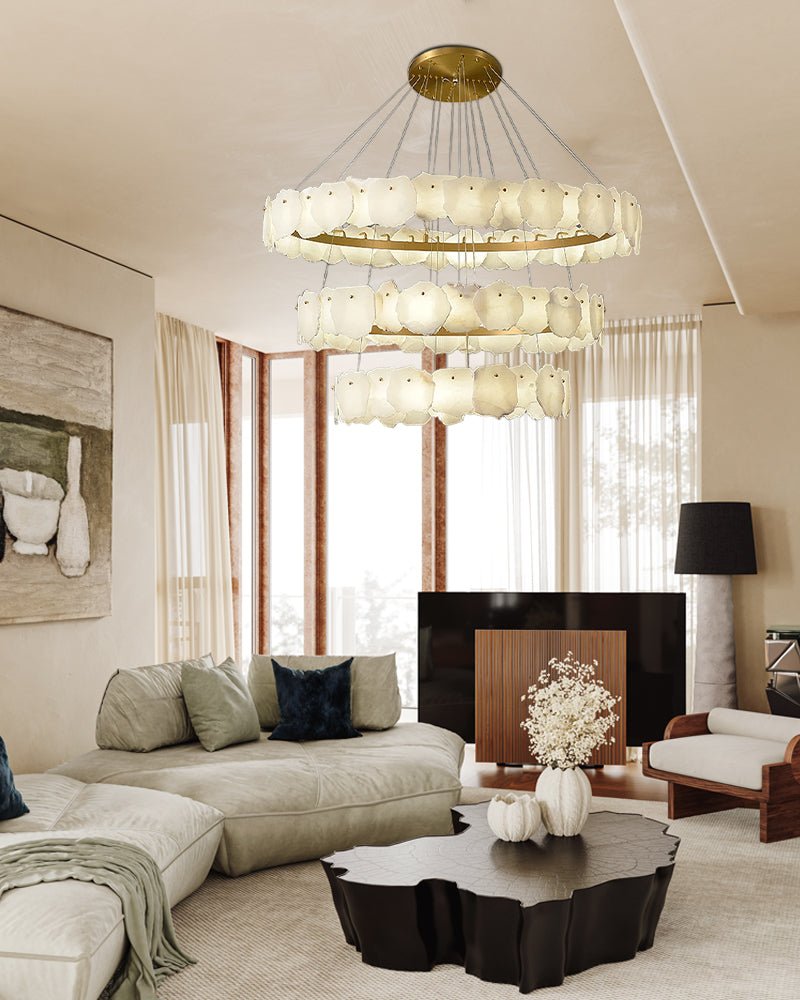 3 - tiered stairwell chandeliers | irregular alabaster plate in disk ceiling with long cord - D23.6" + D31.5"White + BrassBlushlighting