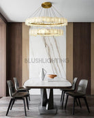 3 - tiered stairwell chandeliers | irregular alabaster plate in disk ceiling with long cord - D23.6" + D31.5"White + BrassBlushlighting