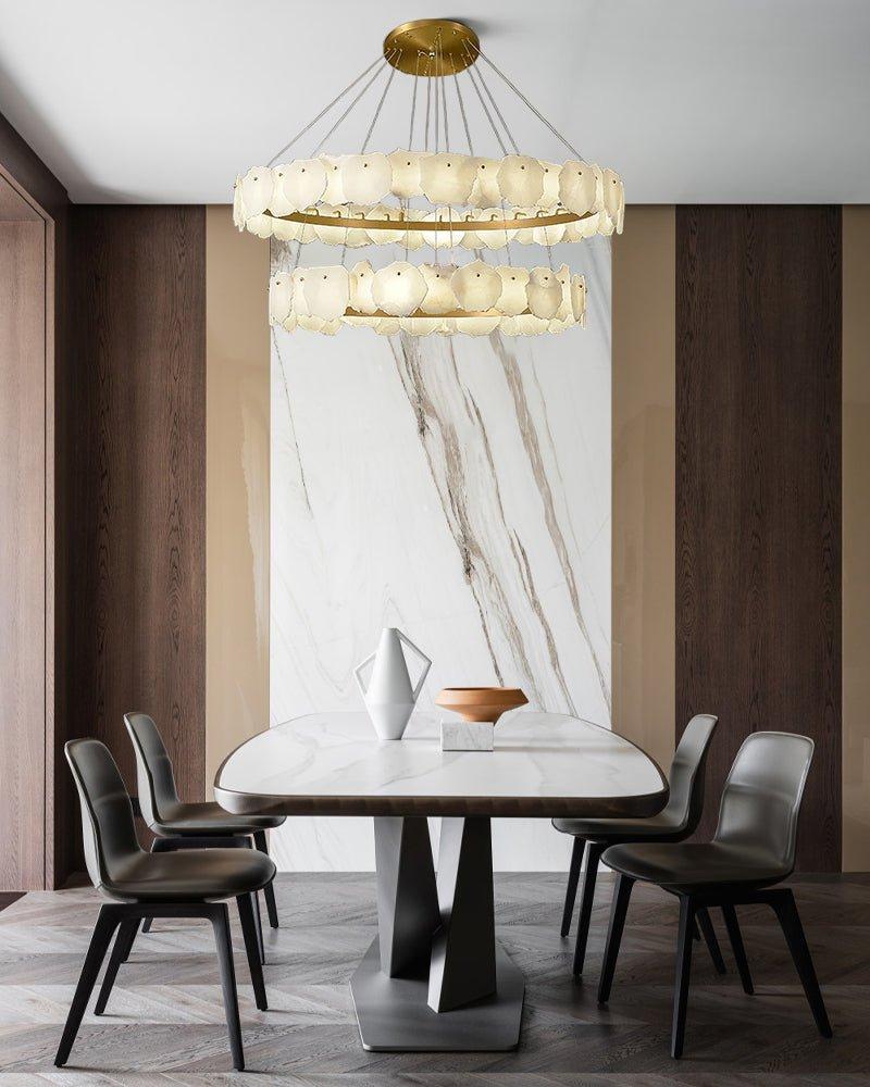 3 - tiered stairwell chandeliers | irregular alabaster plate in disk ceiling with long cord - D23.6" + D31.5"White + BrassBlushlighting