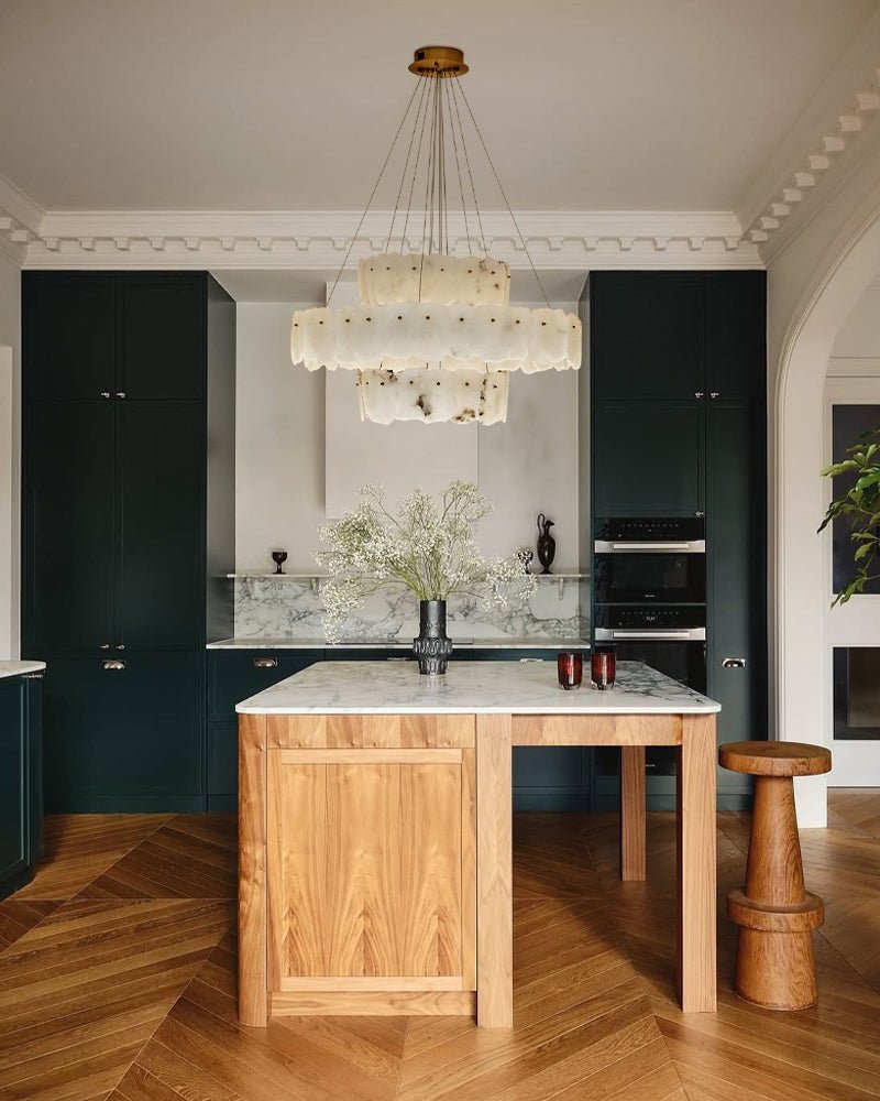 3 - tiered stairwell chandeliers | irregular alabaster plate in disk ceiling with long cord - D23.6" + D31.5"White + BrassBlushlighting