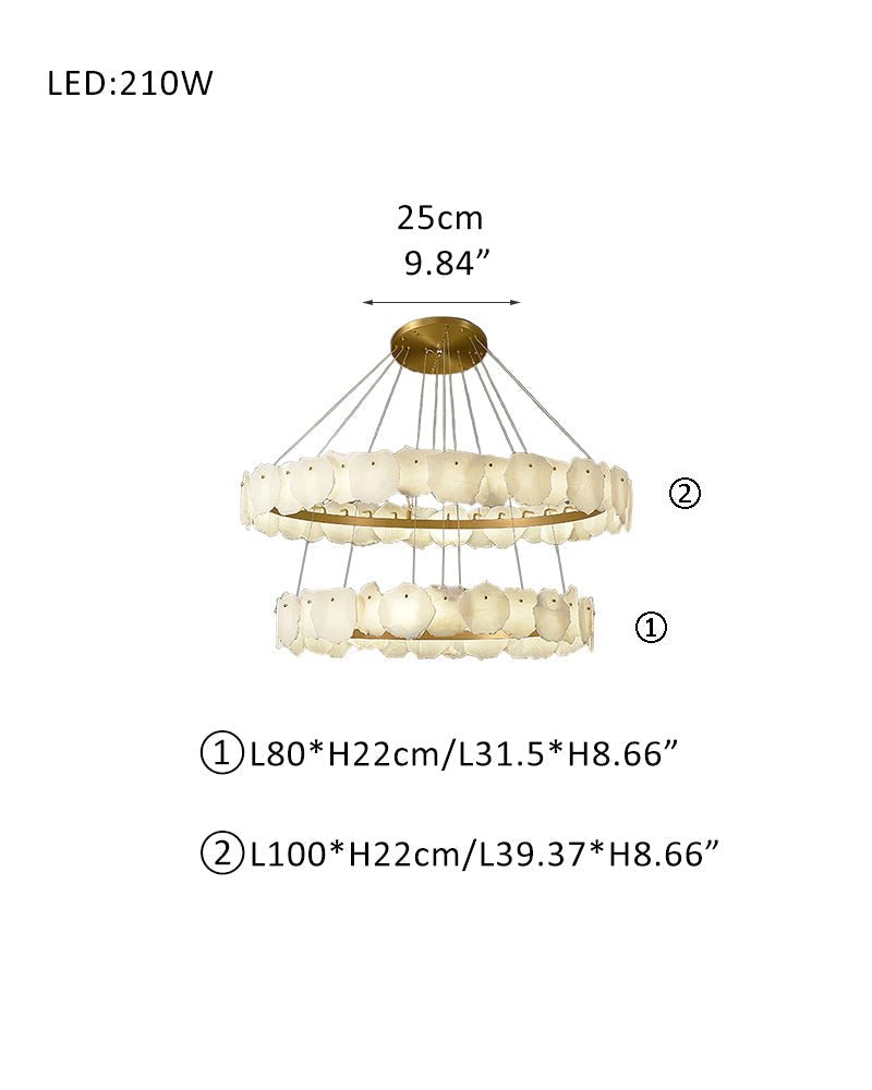 3 - tiered stairwell chandeliers | irregular alabaster plate in disk ceiling with long cord - D31.5" + D39.4"White + BrassBlushlighting