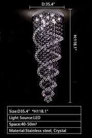 d35.4"*h118.1" extra large /oversize luxury chandelier Modern Double Sprial Long Crystal Staircase Chandelier Ceiling Foyer/Entryway/Living room Light Fixture.Extra large flush mount/ceiling crystal chandelier.for villa/duplex building/high floor/loft 's living room/dining room/stairwell/entrance/hallyway/hotel lobby.entertainment venue hal