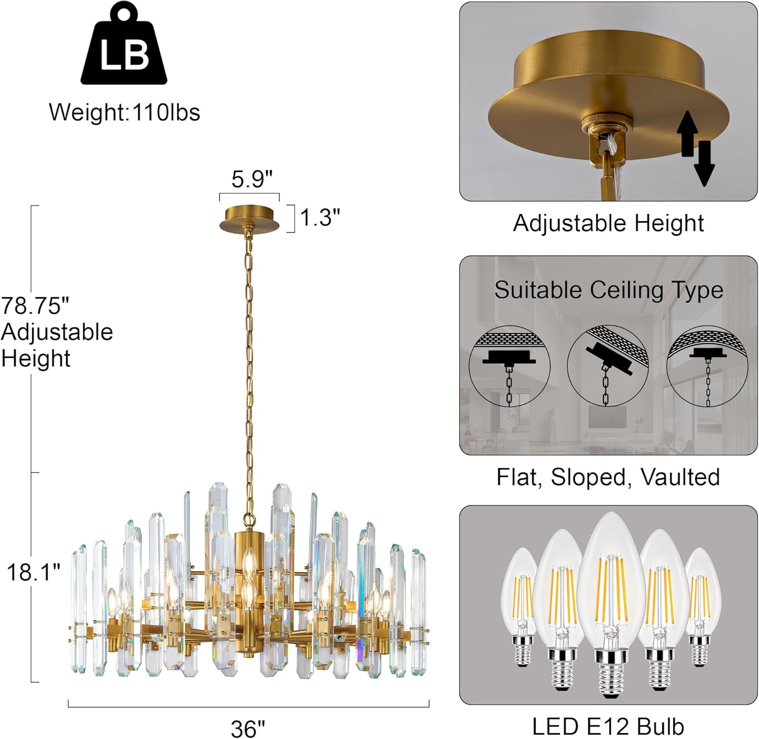36" Luxury Gold Crystal 16 - Light Round Adjustable Chandelier - GoldRound - D24"Blushlighting