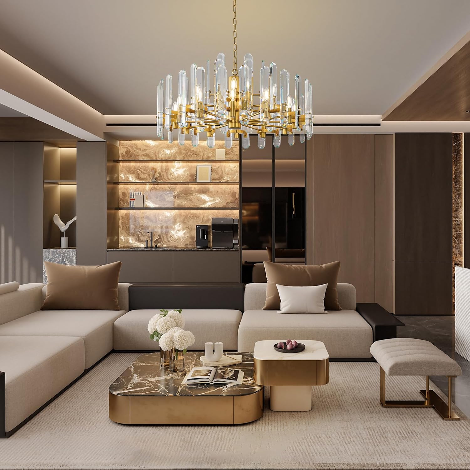 36" Luxury Gold Crystal 16 - Light Round Adjustable Chandelier - GoldRound - D24"Blushlighting