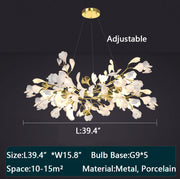 L39.4"*W15.8" Small ginkgo leaf chandelier porcelain light fixture for living room/dining room/dining table/coffee shop/coffee table/cafe/bar...