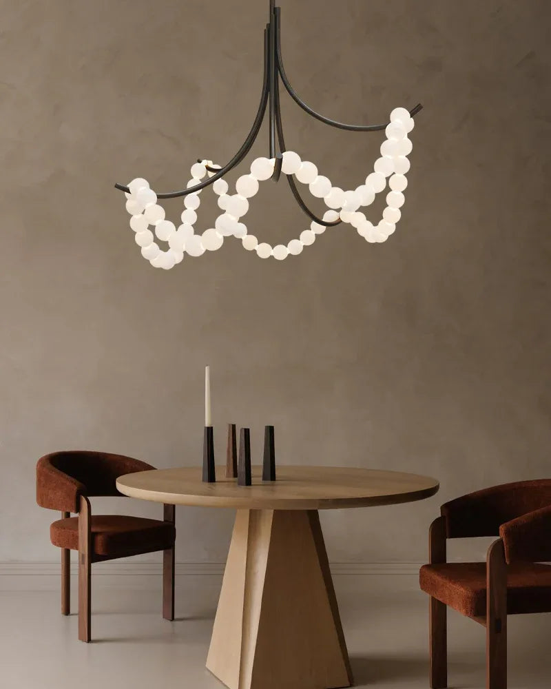 Cluster String Alabaster Beads Semi Flush Chandelier in Brass & Black Metal Rod American chandelier