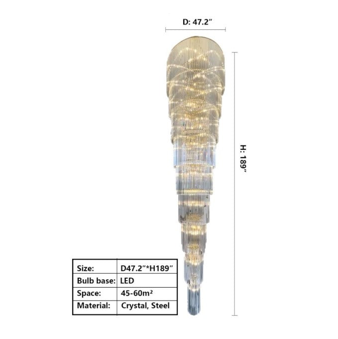 D47.2"*H189" Extra Large Multi-layers Long GBUden Crystal Chandelier for 2-Storey/Duplex Buildings/Dining Room/Staircase