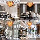 41" Extra Large Amber Glass 18 - Light Black Round Chandelier - Black Rectangle L59"Blushlighting