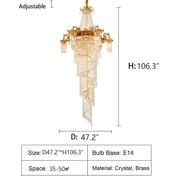 Extra Large Retro Luxury Full Copper Crystal Chandelier for Staircase/ Duplexes/ Villas