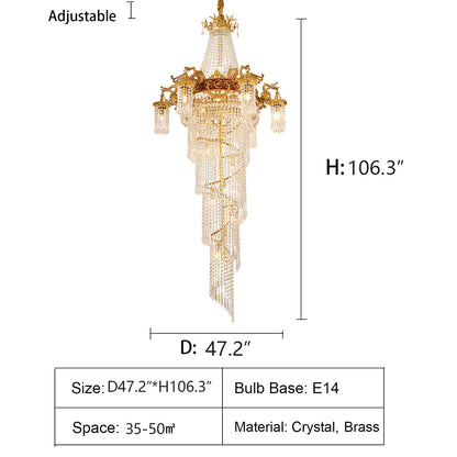 Extra Large Retro Luxury Full Copper Crystal Chandelier for Staircase/ Duplexes/ Villas