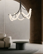 Cluster String Alabaster Beads Semi Flush Chandelier in Brass & Black Metal Rod American chandelier