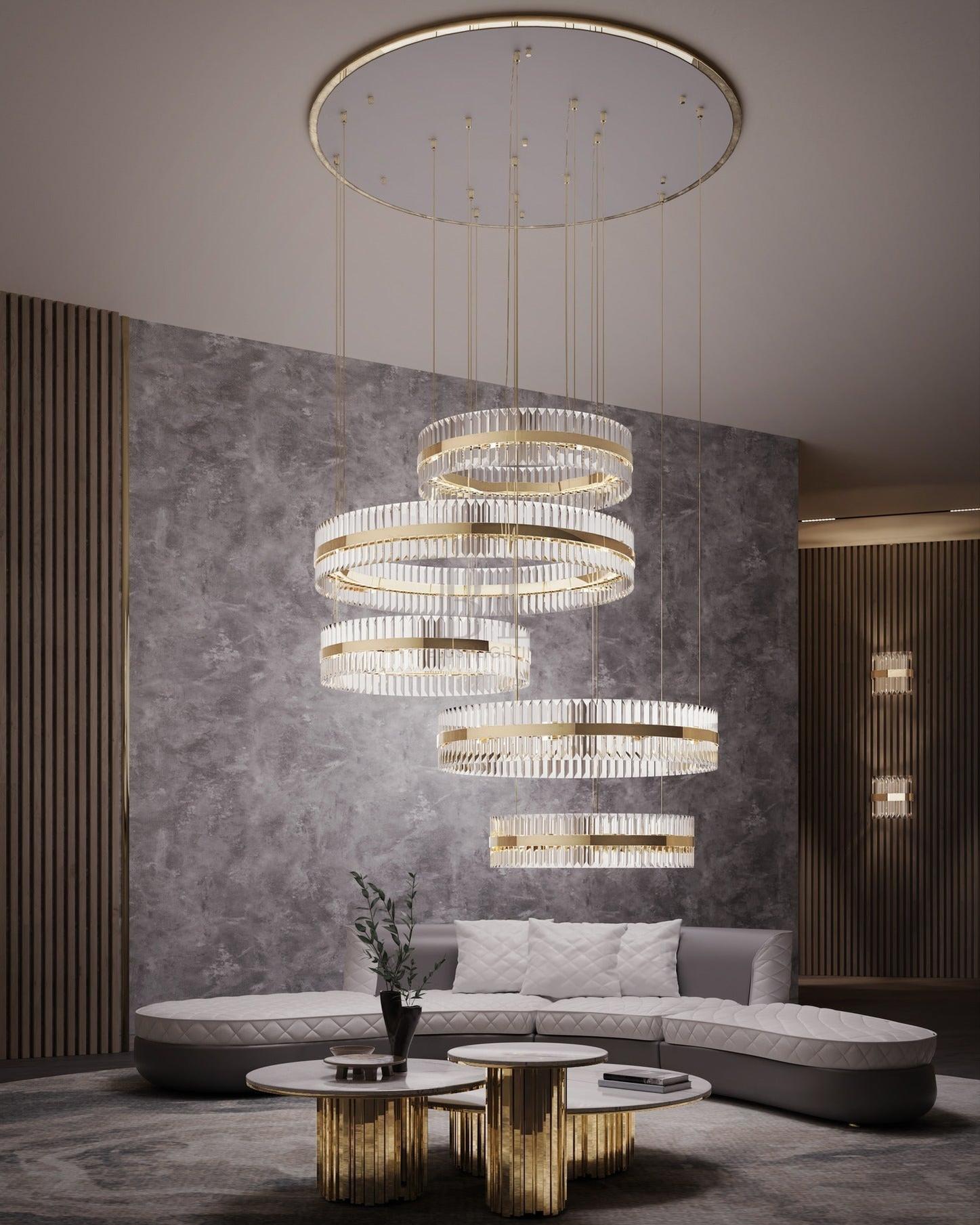 5-Ring Crystal Chandelier in Gold Finish-Chandeliers-Blushlighting-Blushlighting