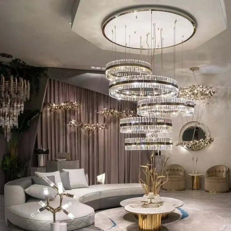 5-Ring Crystal Chandelier in Gold Finish-Chandeliers-Blushlighting-Blushlighting