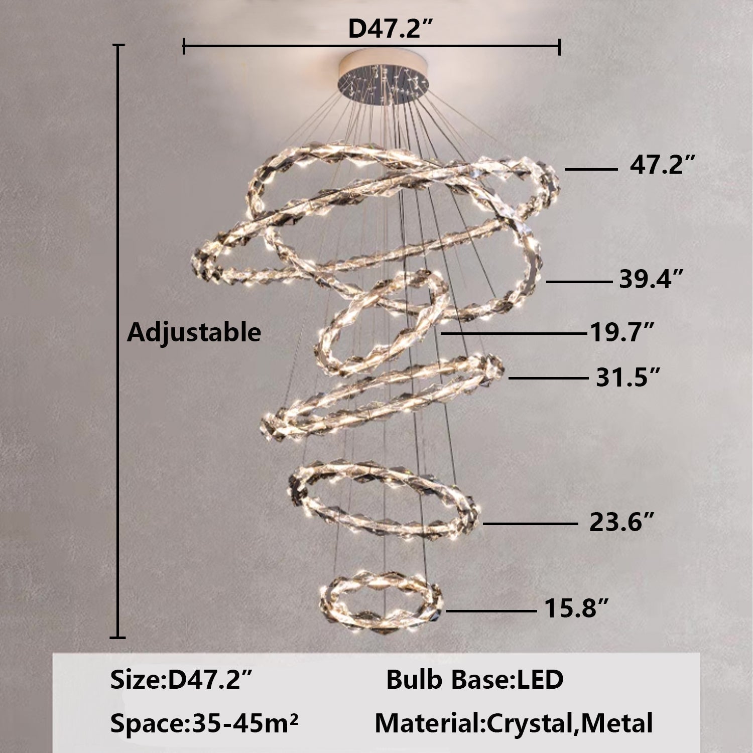 6 rings D47.2" Modern Extra Large Multi-layers Ring Ceiling Crystal Chandelier For Staircase/Foyer/Hallway