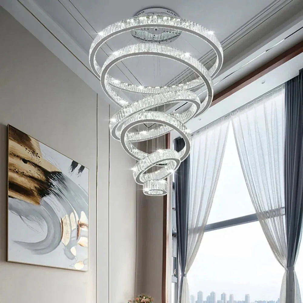 6 Tier Crystal Ring Chandelier for High Ceiling - ChromeWarm white 3000KBlushlighting