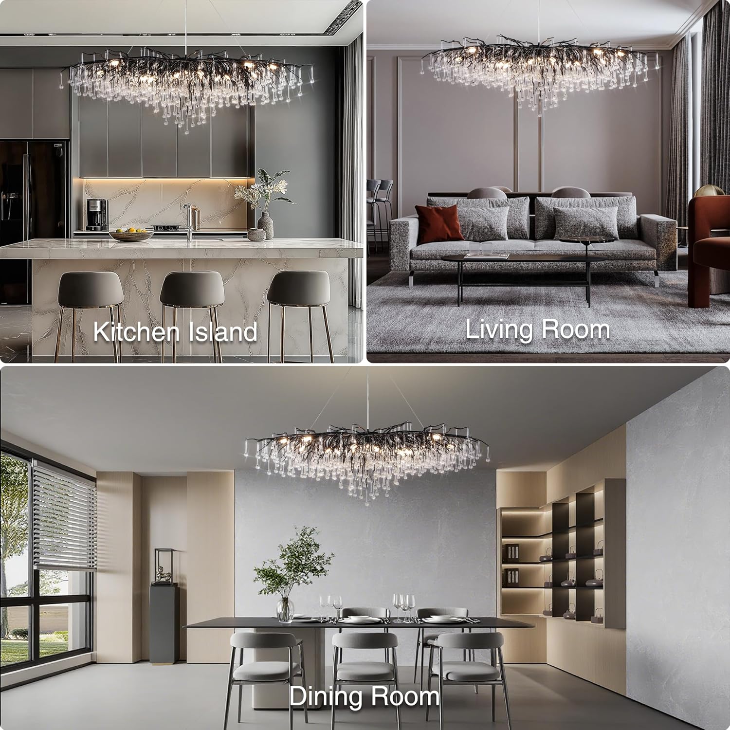 63" Black 15 - Light Modern Crystal Tree Branch Chandelier - BlackRectangular - L63"Blushlighting