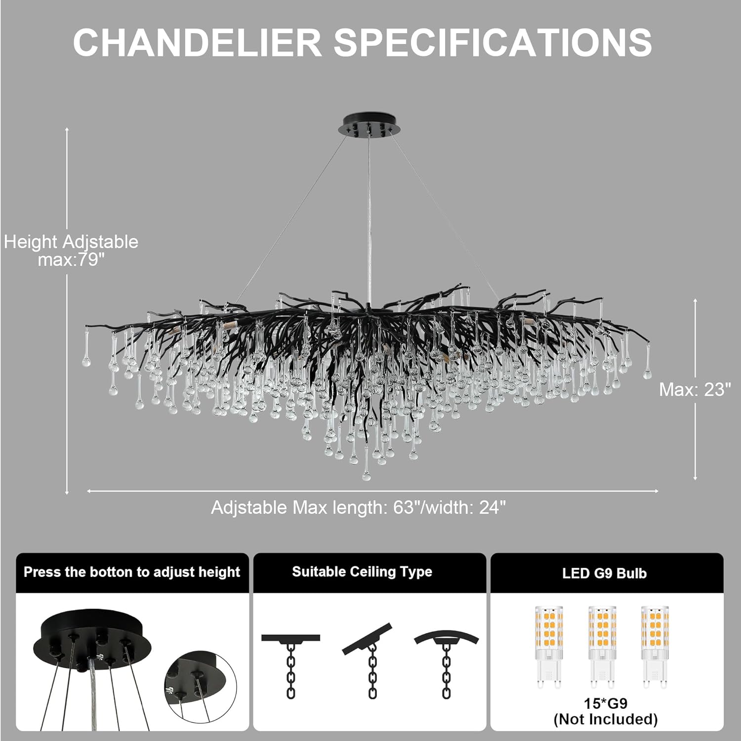 63" Black 15 - Light Modern Crystal Tree Branch Chandelier - BlackRectangular - L63"Blushlighting