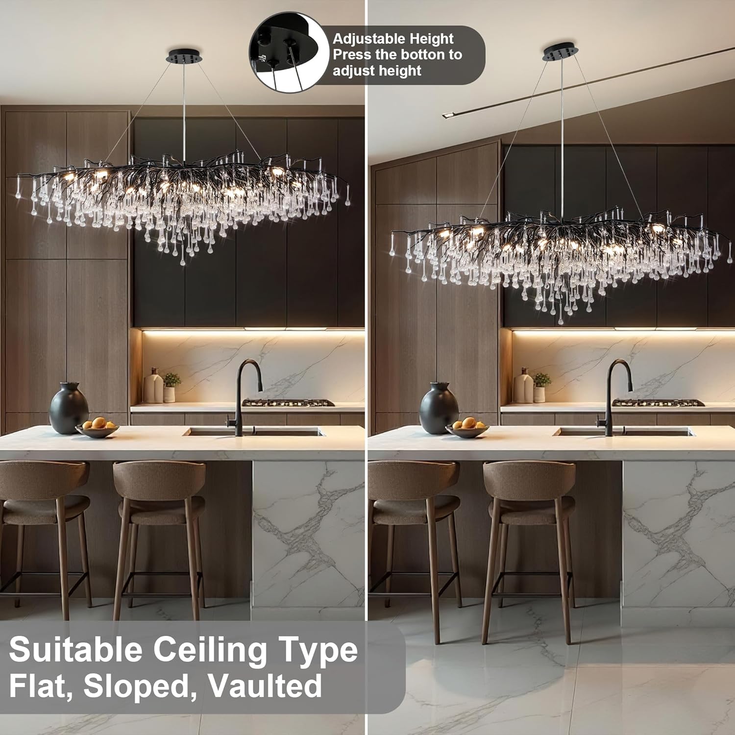 63" Black 15 - Light Modern Crystal Tree Branch Chandelier - BlackRectangular - L63"Blushlighting