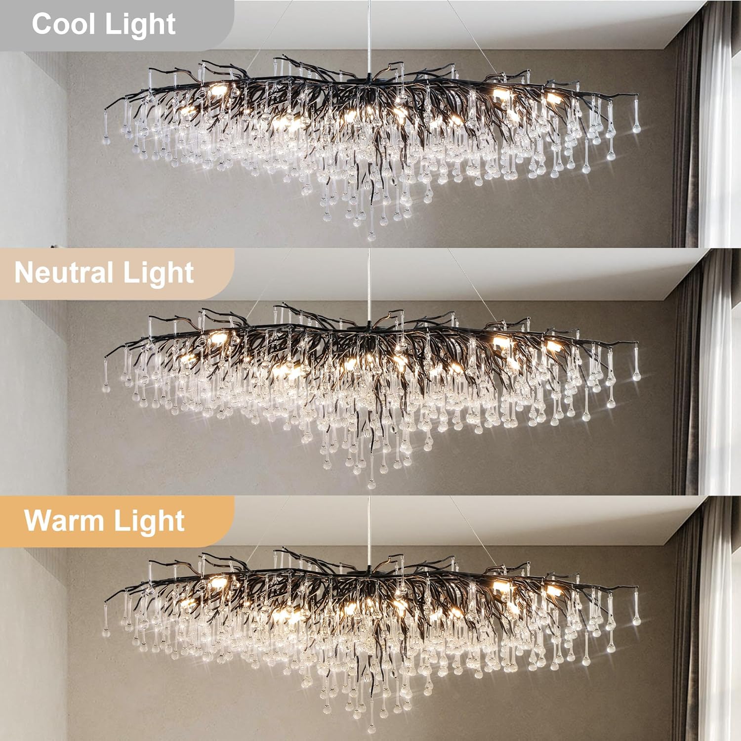 63" Black 15 - Light Modern Crystal Tree Branch Chandelier - BlackRectangular - L63"Blushlighting