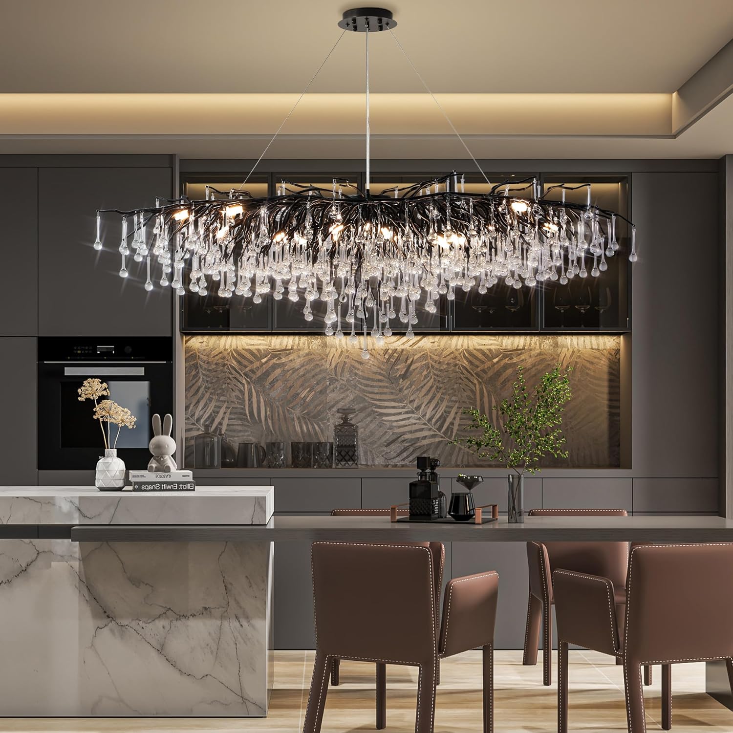 63" Black 15 - Light Modern Crystal Tree Branch Chandelier - BlackRectangular - L63"Blushlighting