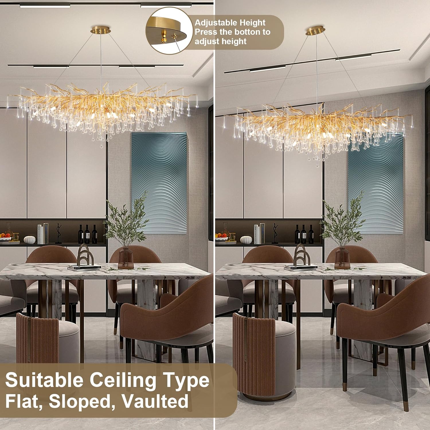 63" Black Modern Crystal Tree Branch Chandelier with 15 Lights - GoldRectangular - L63"Blushlighting