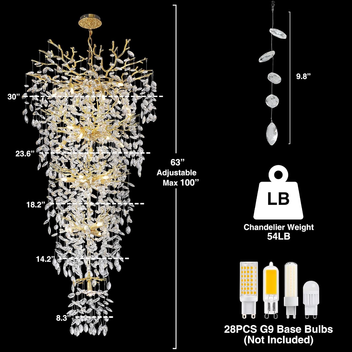 63'' Long Crystal Modern Gold Tree Branch Chandelier - GoldBlushlighting