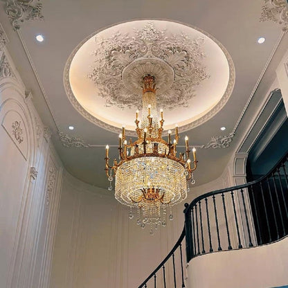 Large Oversized Luxury GBUden Metal Brass  Candle Crystal Tassel Chandelier  For High-ceiling Staircase/Entryway/Hallway/Living/Meeting Room