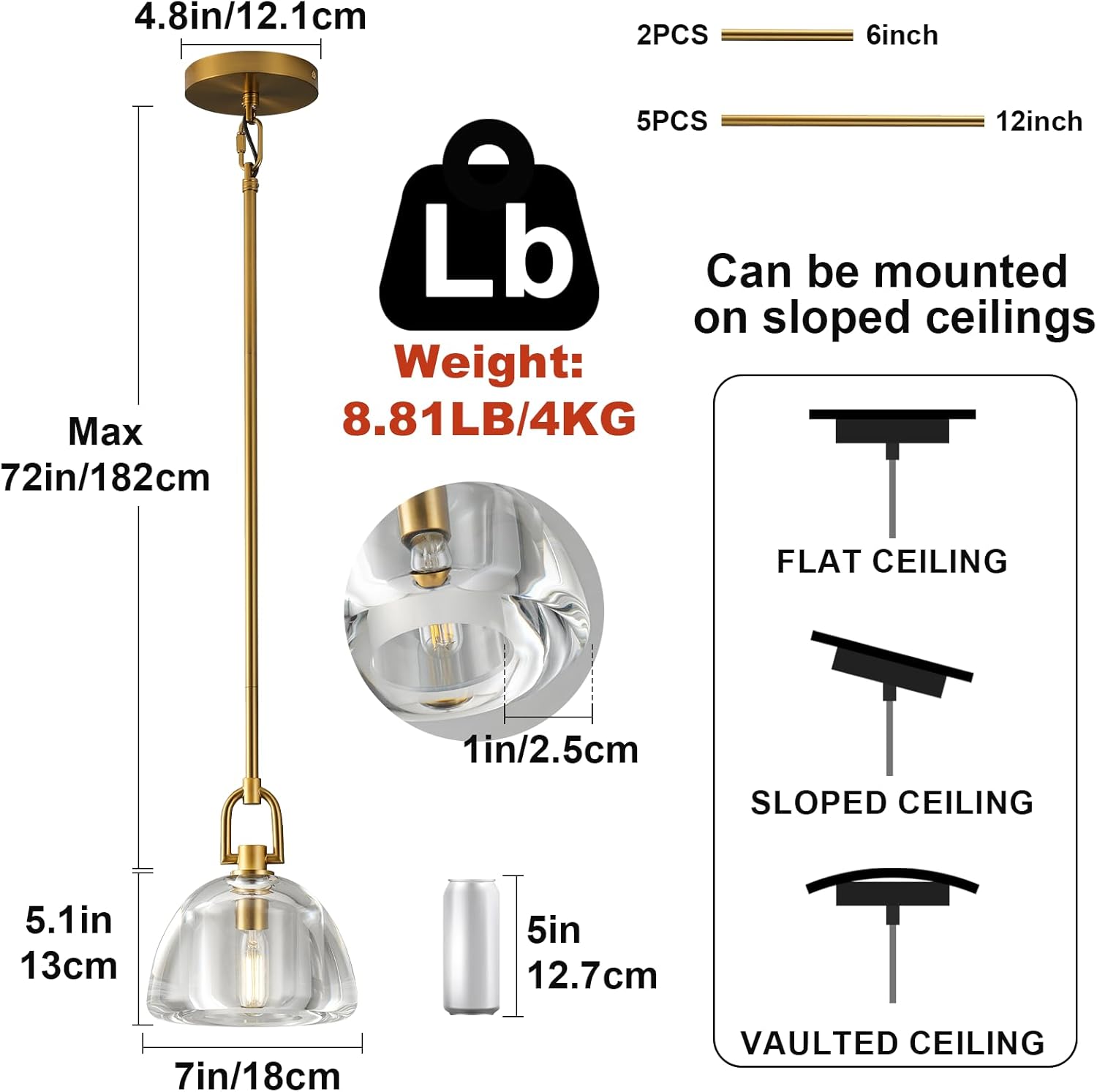 7 - inch Glass Brass Pendant Light with Adjustable Height – 2 Pack - Brass - D7in - 2PCSBlushlighting