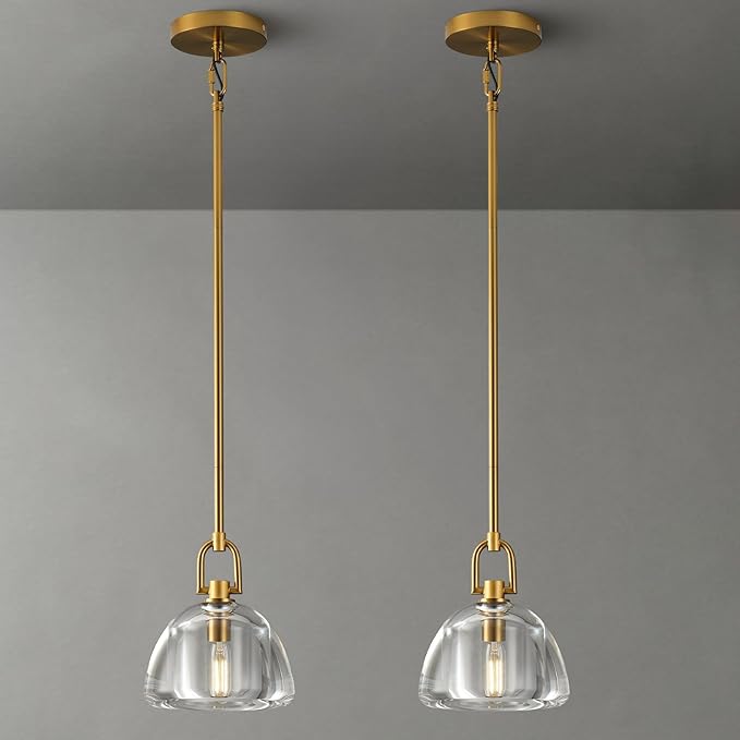 7-inch Glass Brass Pendant Light with Adjustable Height – 2 Pack
