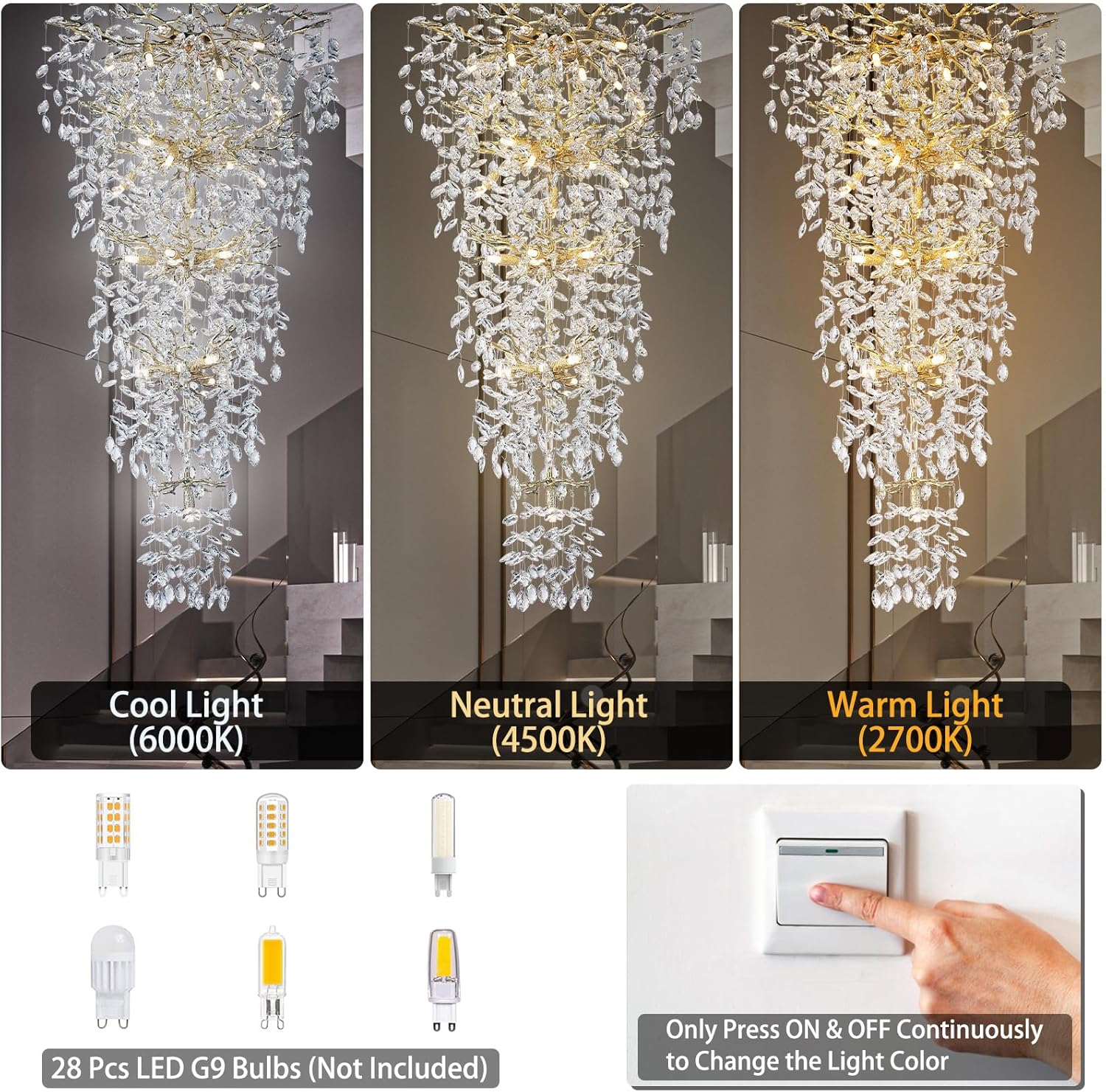 63'' Long Crystal Chandelier for High Ceiling, 28-Light Modern Gold Tree Branch Chandelier, Large Chandeliers for Foyer Entryway Staircase Living Room, 5-Tier Luxury K9 Crystal Raindrop Light Fixture
