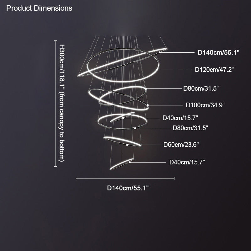 Shiny-black eight-ring dimension guide for a 118.1-inch-tall, 55.1-inch-wide sculptural chandelier arrangement.