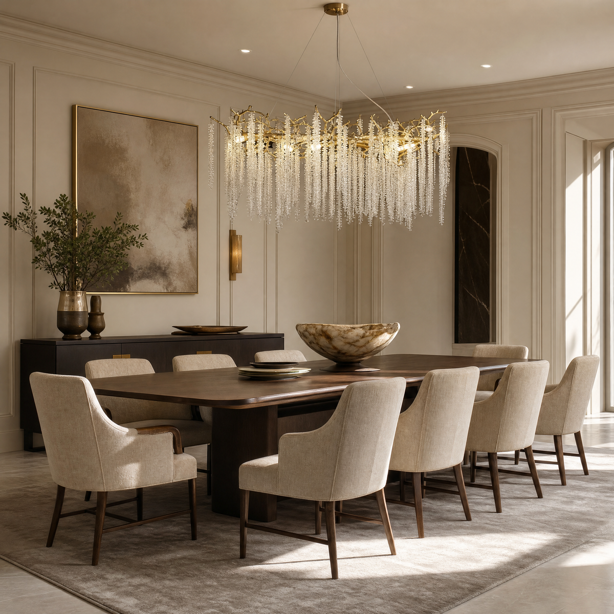 A Blush gold metal branch chandelier with cascading crystal beads suspended in a rainfall arrangement.