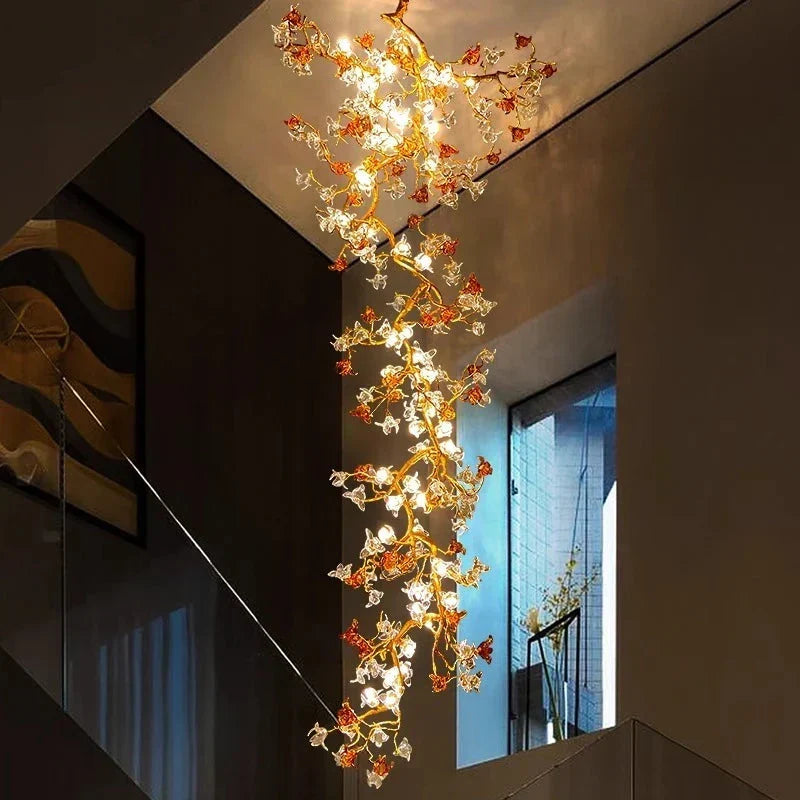 Verdant Branch Copper Vine Glass Flower Stairwell Chandelier by Blushlighting