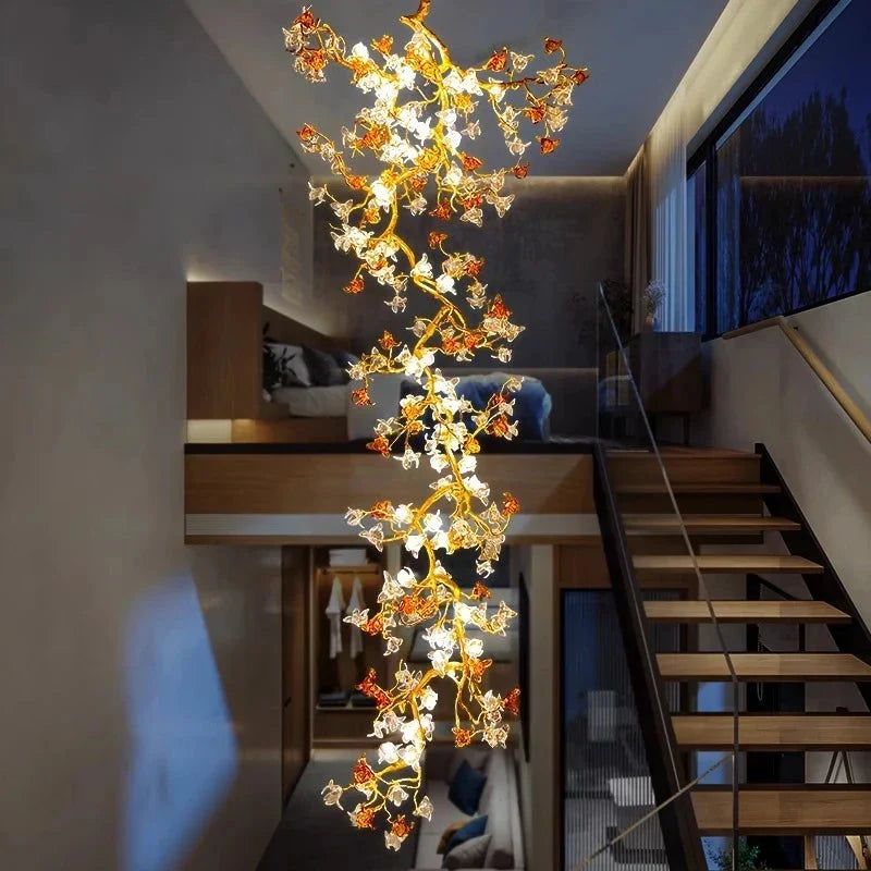 Verdant Branch Copper Vine Glass Flower Stairwell Chandelier by Blushlighting