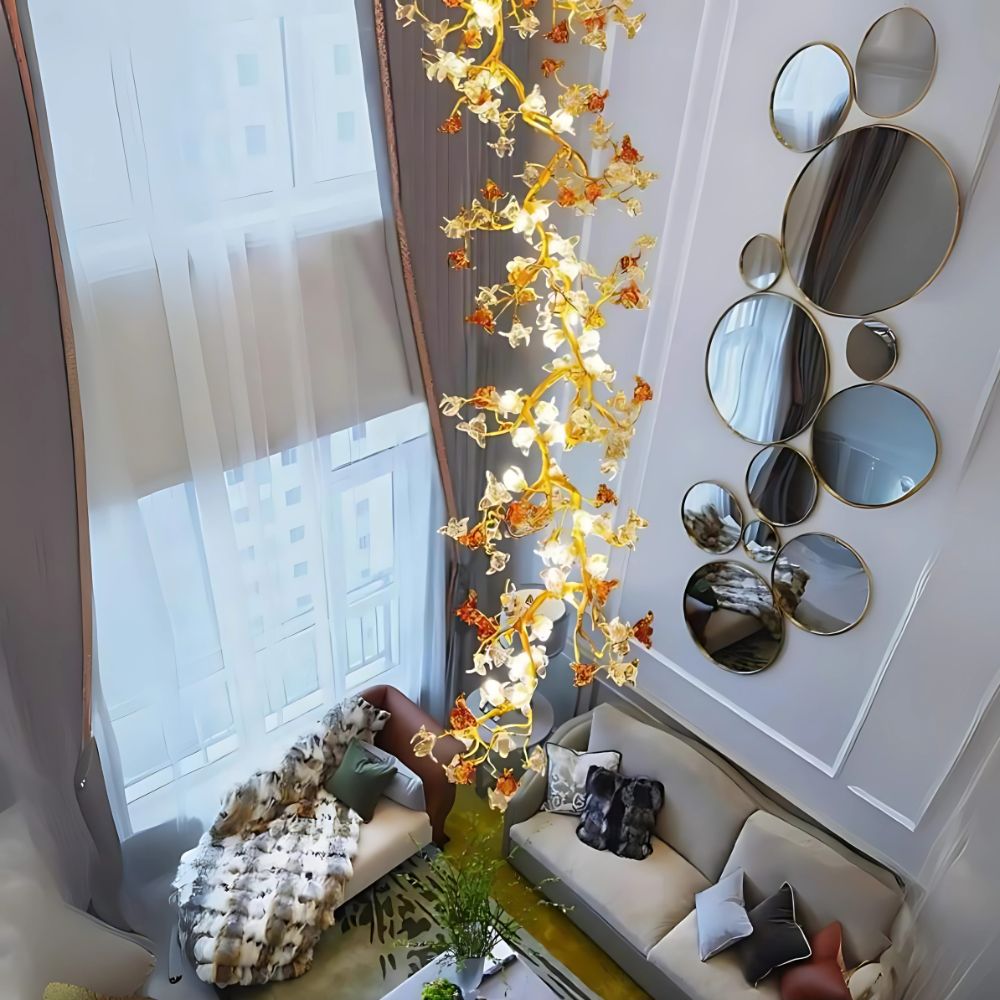 Verdant Branch Copper Vine Glass Flower Stairwell Chandelier by Blushlighting