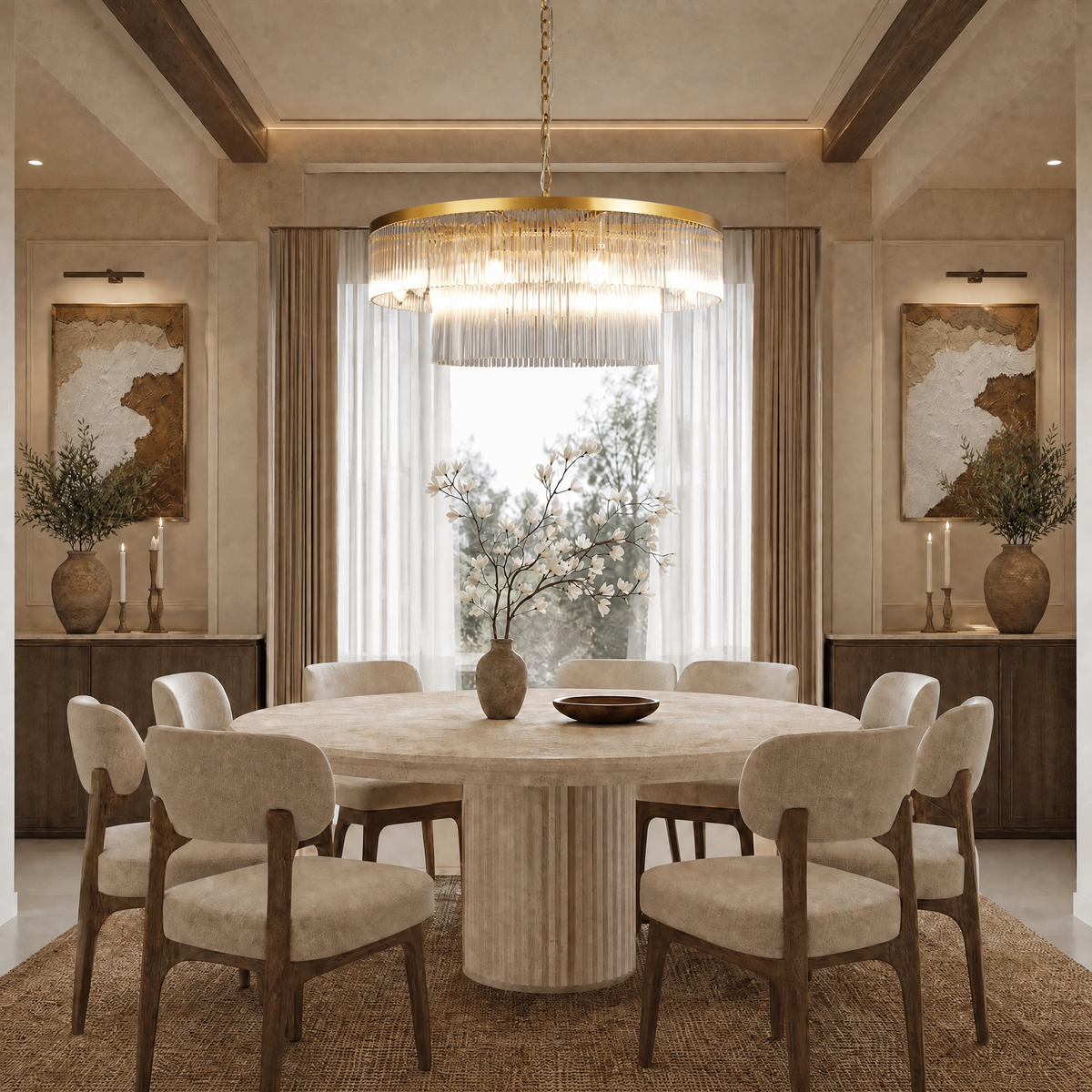 D800 Double-Layer Striped Column Round Pendant - Gold