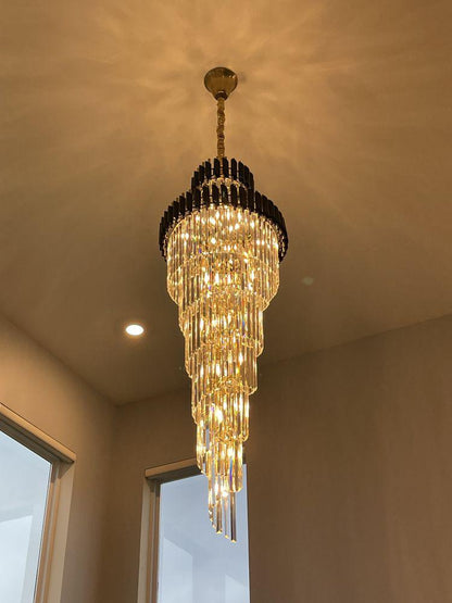 D47.2" * H196" Oversized Customization Vertical Long Crystal 2 Story Foyer Hallway Chandelier Spiral Staircase High Ceiling Lighting Fixture In Black/ Gold Finish