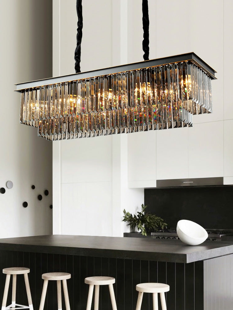 FashionKitchenIslandCrystalChandelierInBlack_SmokyGrayFinishTwoTiersRectangleChainPendantLightL31.5"*W11.8"*H10.6"/ 12W*11Lights