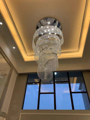 Chrome Stainless Steel Crystal Chandelier Large High Ceiling Light Fixture For Staircase Entrance