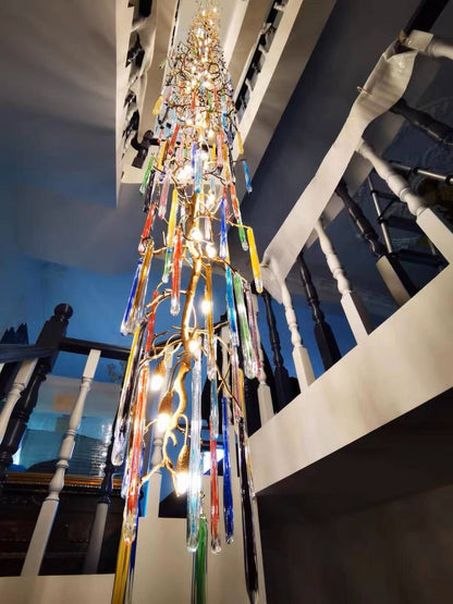 cBUorful, creative, Modern Light Luxury Brass Branches CBUored Glass CBUumn Chandelier for Staircase/Living Room/High-ceiling Space,special,unique,gorgeous, dimmable
