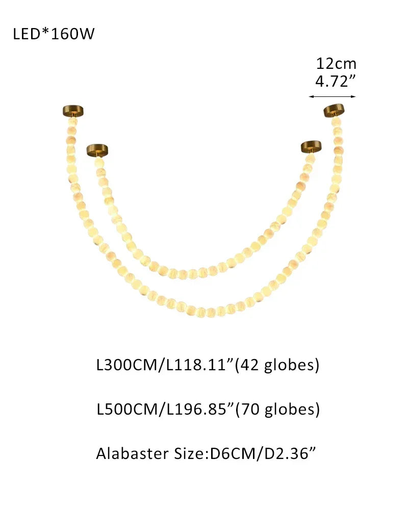 Modern LED Natural Alabaster Globes Beads Hanging Chandelier Indoor Lighting Fixture 112 globes-L300+L500CM L118"+L197" Brass + White Modern Pendant lamp