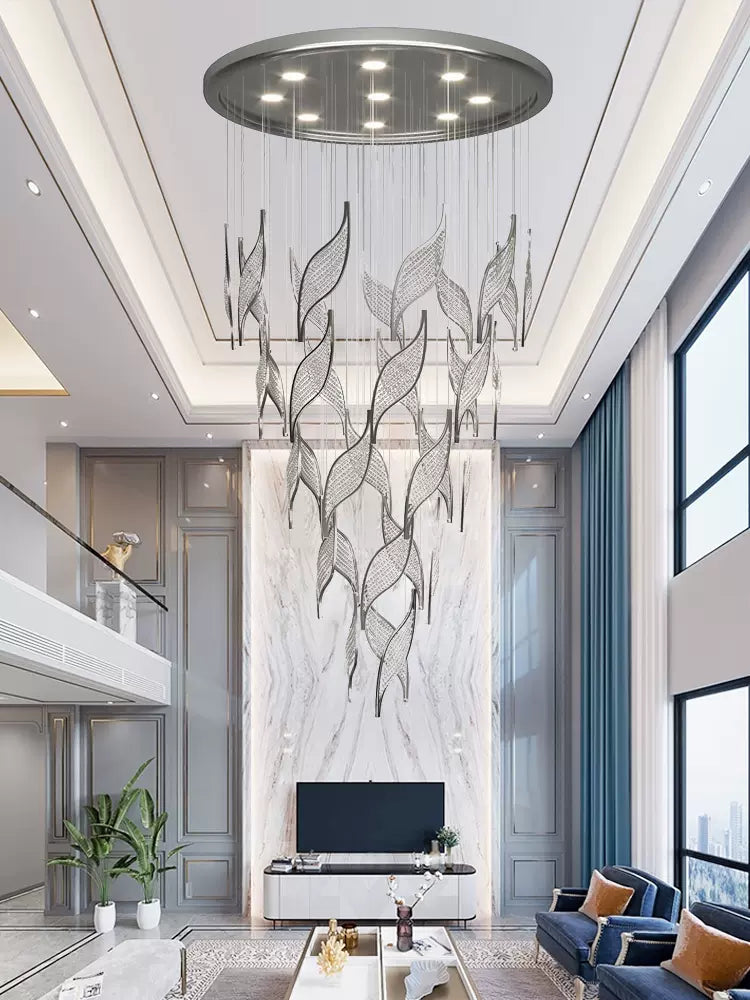 leaf, shining, light luxury, round, LED, living room, staircase, duplex, hBUlow, crystal, metal, Loft