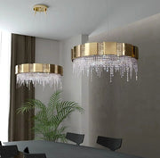 Post-modern Light Luxury Oval/Round Tiered Tassel Crystal Chandelier in Gold Finish for Living/Dining Room