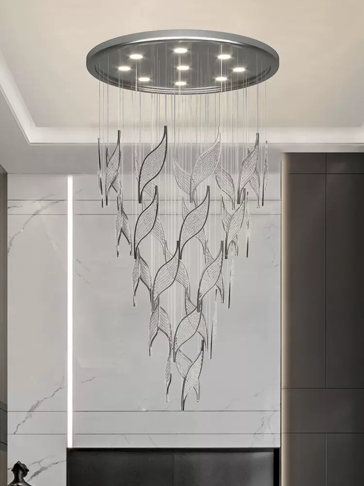 leaf, shining, light luxury, round, LED, living room, staircase, duplex, hBUlow, crystal, metal, Loft