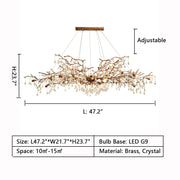 Oval: L47.2"*W21.7"*H23.7"  brass, crystal, exyra large, oversized, for long dining table,  for large space, raindrop, branch