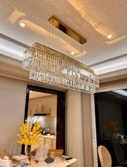 Rectangle Oversized Crystal Long Chandelier Modern Gold/Chrome 2-tiered Dining Table Ceiling Pendant Light