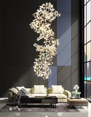 Oversized Creative Fashion Gingko Leaf Ceramic Plastic Porcelain Chandelier,Modern Light Luxury Staircase Long Light Fixture